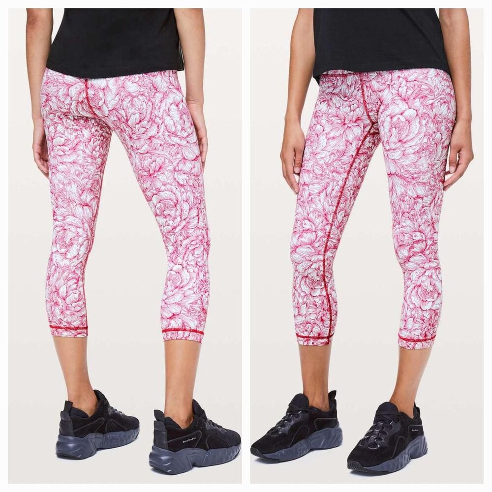 Lululemon sz 12 Wunder Under Crop Hi-Rise 21" Floral Bloom White Star Ruby Yoga